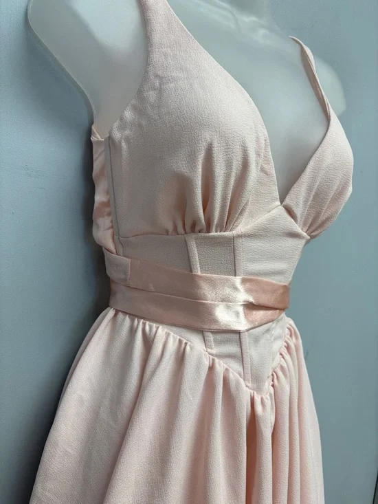 Lucy in the Sky Blush Pink Satin Wrap Corset Dress | Open Back Tie | XS - Picture 4 of 12
